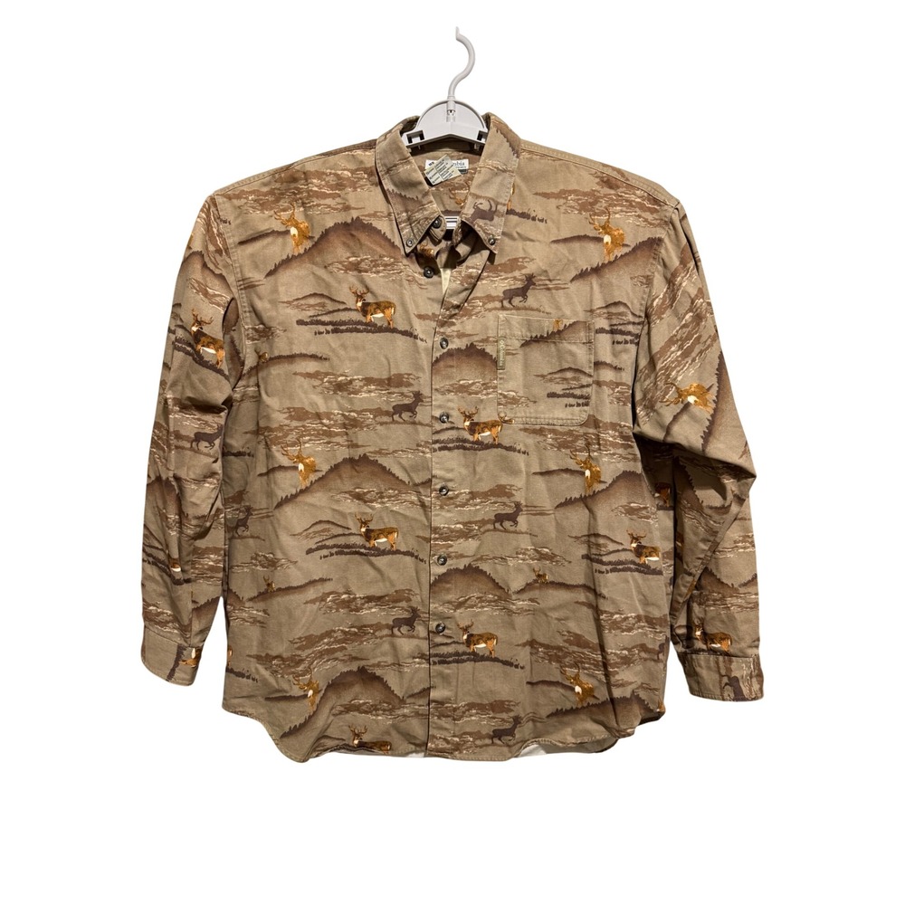 Columbia River Lodge Shirt Mens XL Brown Deer Landscape Print Long Sleeve Button